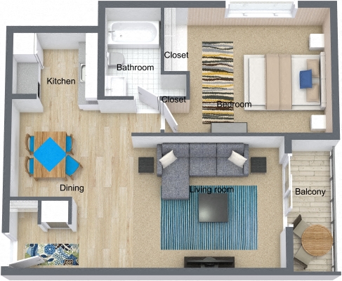 Floor plan for 1 bed, 1 bath, 620 sqft